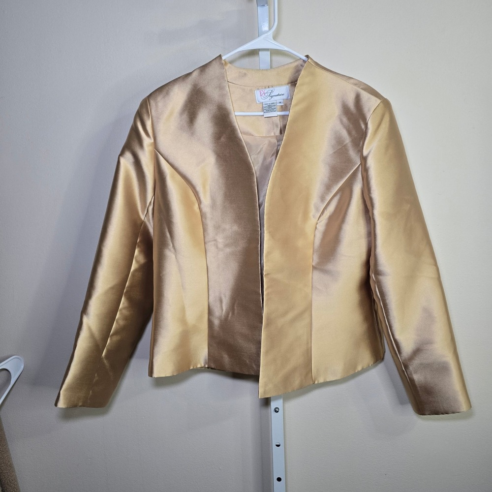 EY Signature Womens Gold Metallic Satin Dress Suit Set Size 14 Formal 2 Piece